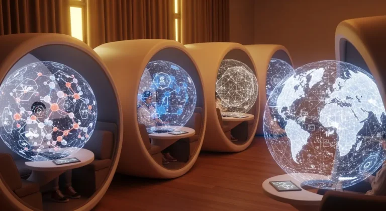 Estudiantes learning holográfico educación con IA
