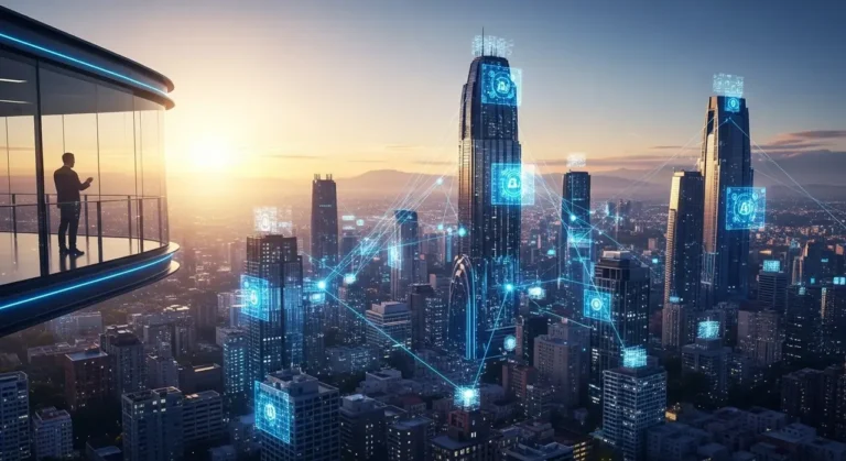 Amanecer sobre futurista paisaje urbano ciudad inteligente