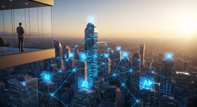 Amanecer sobre futurista paisaje urbano ciudad inteligente