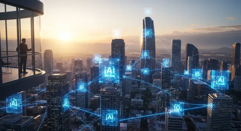 Amanecer sobre futurista paisaje urbano ciudad inteligente