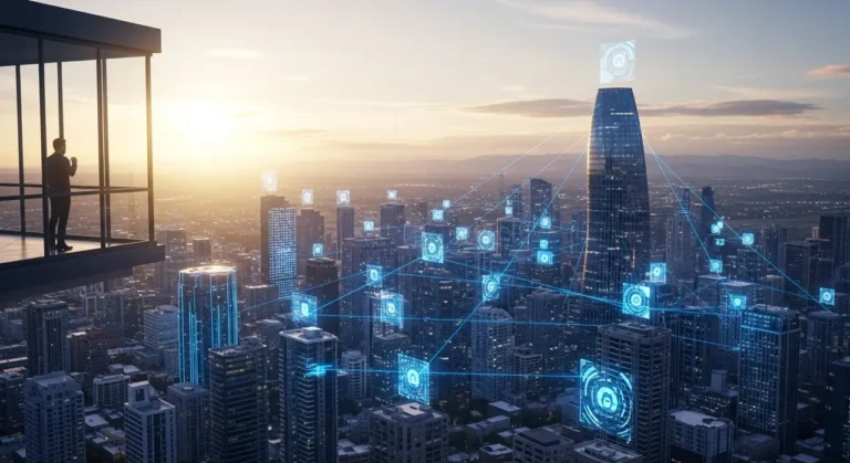 Amanecer sobre futurista paisaje urbano ciudad inteligente