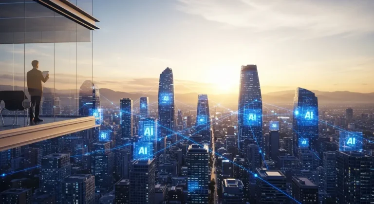 Amanecer sobre futurista paisaje urbano ciudad inteligente