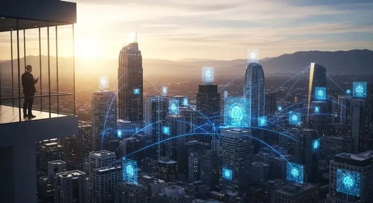 Amanecer sobre futurista paisaje urbano ciudad inteligente