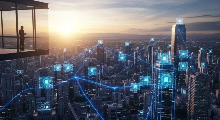 Amanecer sobre futurista paisaje urbano ciudad inteligente