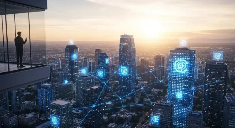 Amanecer sobre futurista paisaje urbano ciudad inteligente