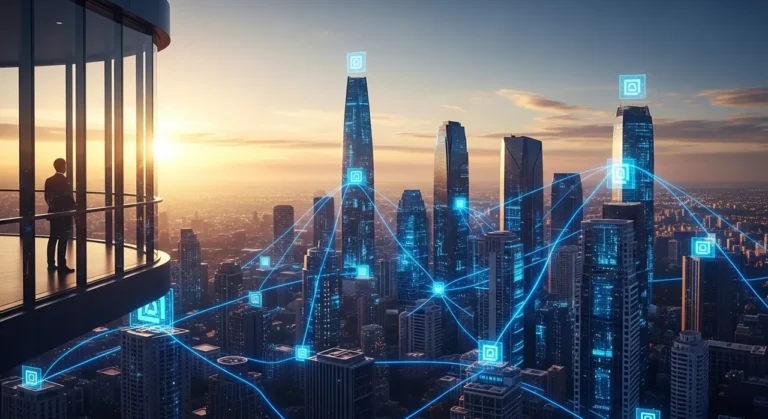 Amanecer sobre futurista paisaje urbano ciudad inteligente