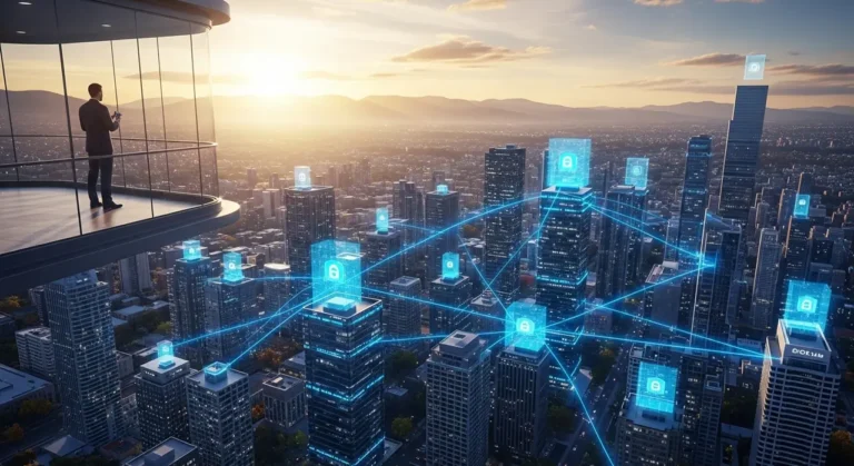 Amanecer sobre futurista paisaje urbano ciudad inteligente