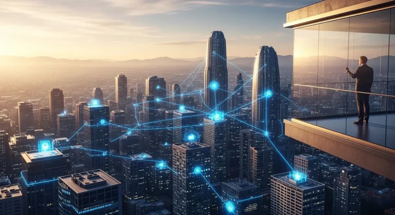 Amanecer sobre futurista paisaje urbano ciudad inteligente