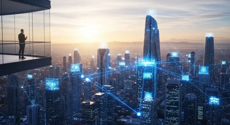 Amanecer sobre futurista paisaje urbano ciudad inteligente