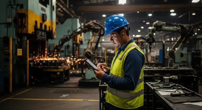 Worker revisando tablet facto inteligencia artificial