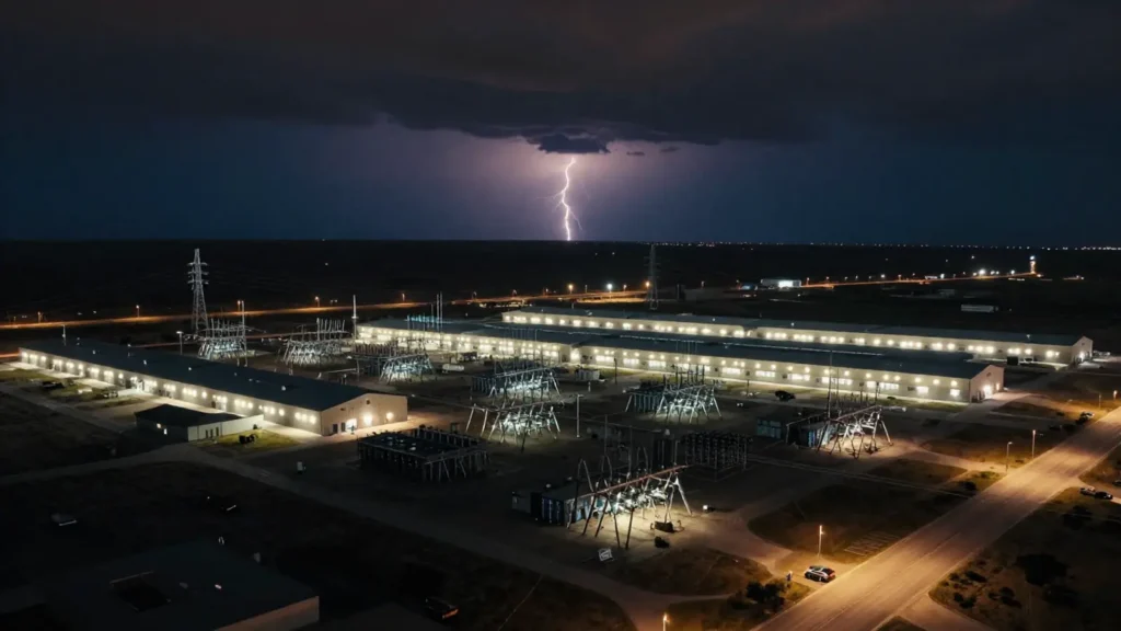 Campus de centros de datos de noche en las planicies de Texas, con subestación eléctrica y tormenta