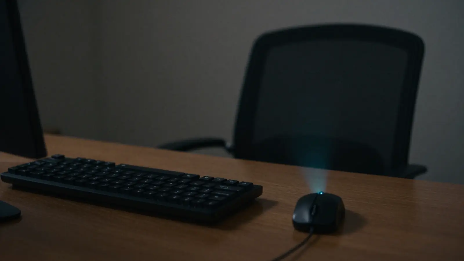 Escritorio vacío de noche con teclado y ratón iluminados, como si el trabajo siguiera solo