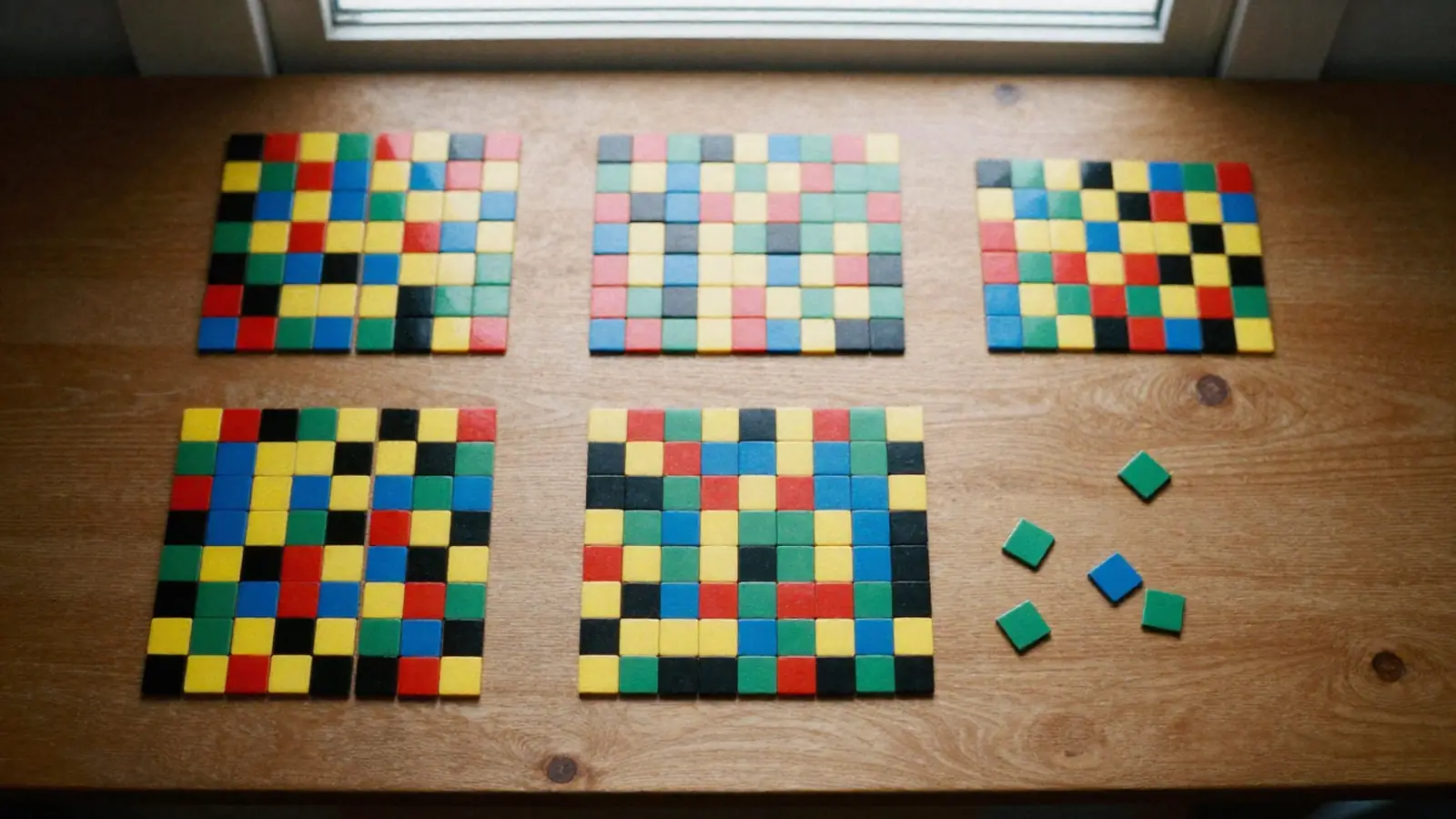 Fichas de colores ordenadas en cuadrículas sobre una mesa de madera, como un rompecabezas lógico