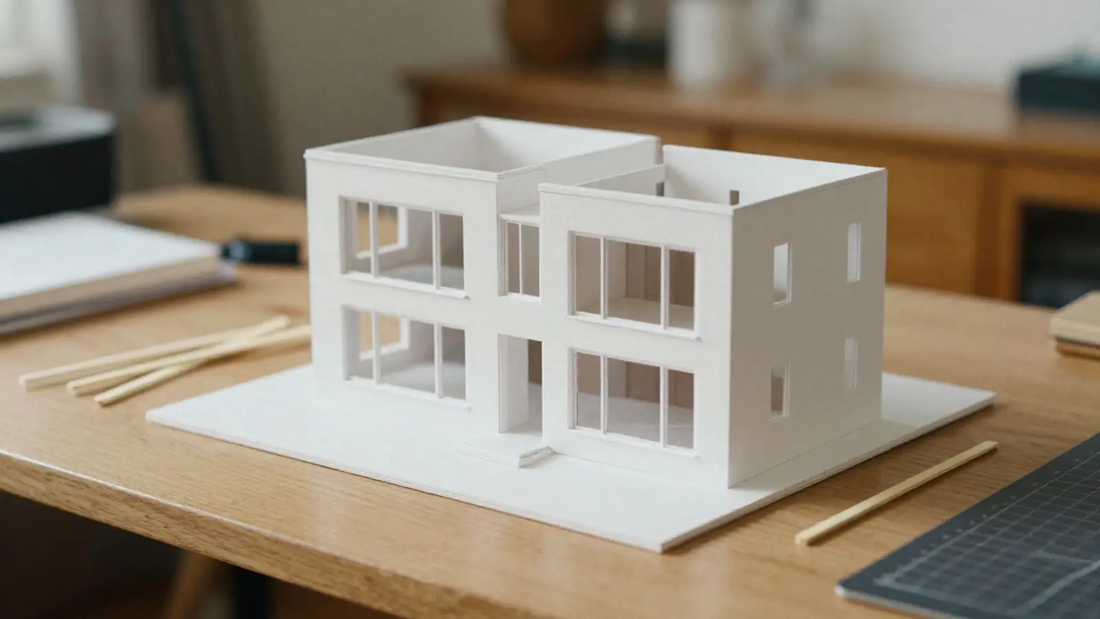 Maqueta blanca de una casa moderna de dos pisos sobre el escritorio de un diseñador
