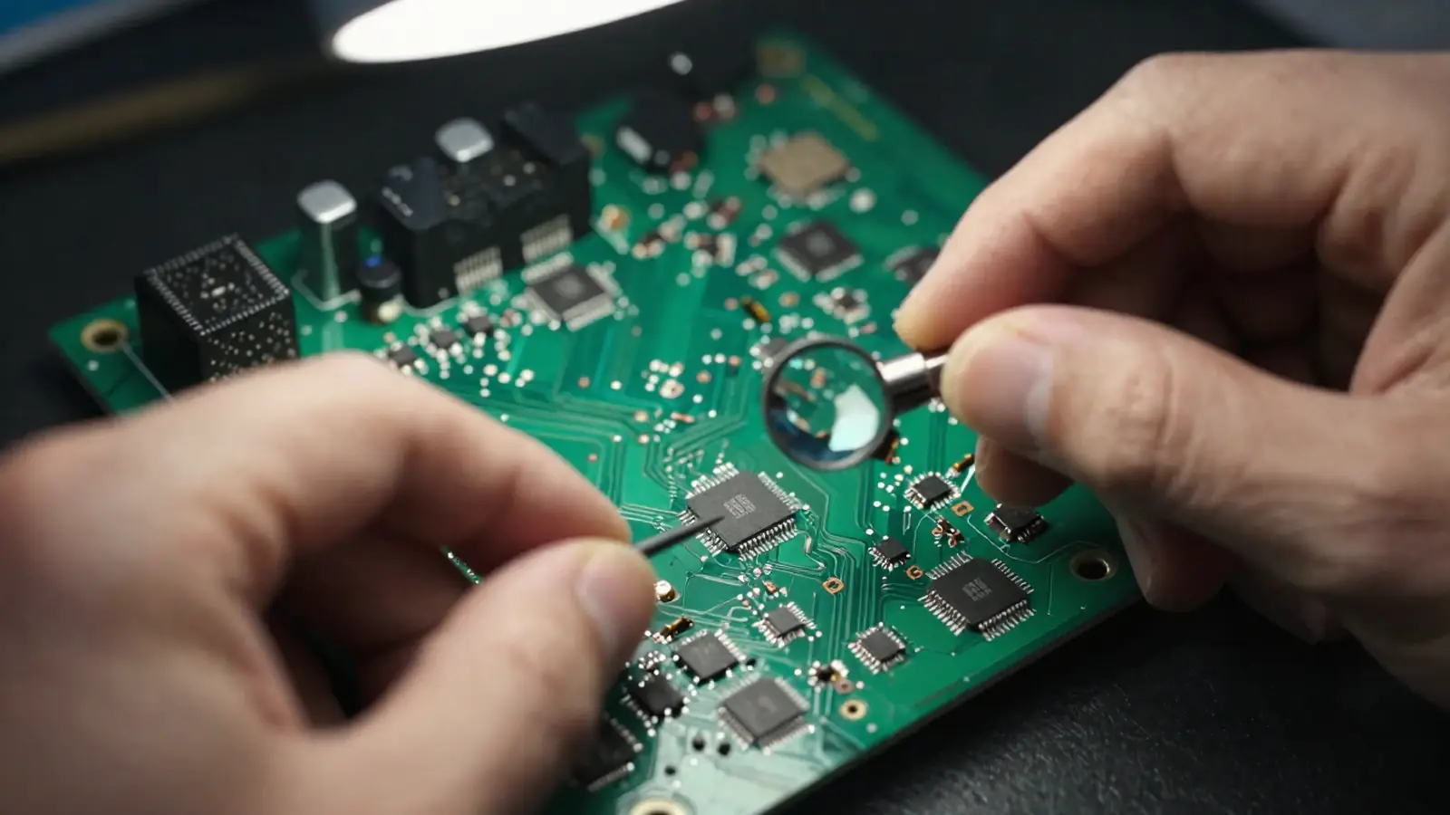 Manos de un ingeniero inspeccionando con lupa un chip en una tarjeta de circuitos