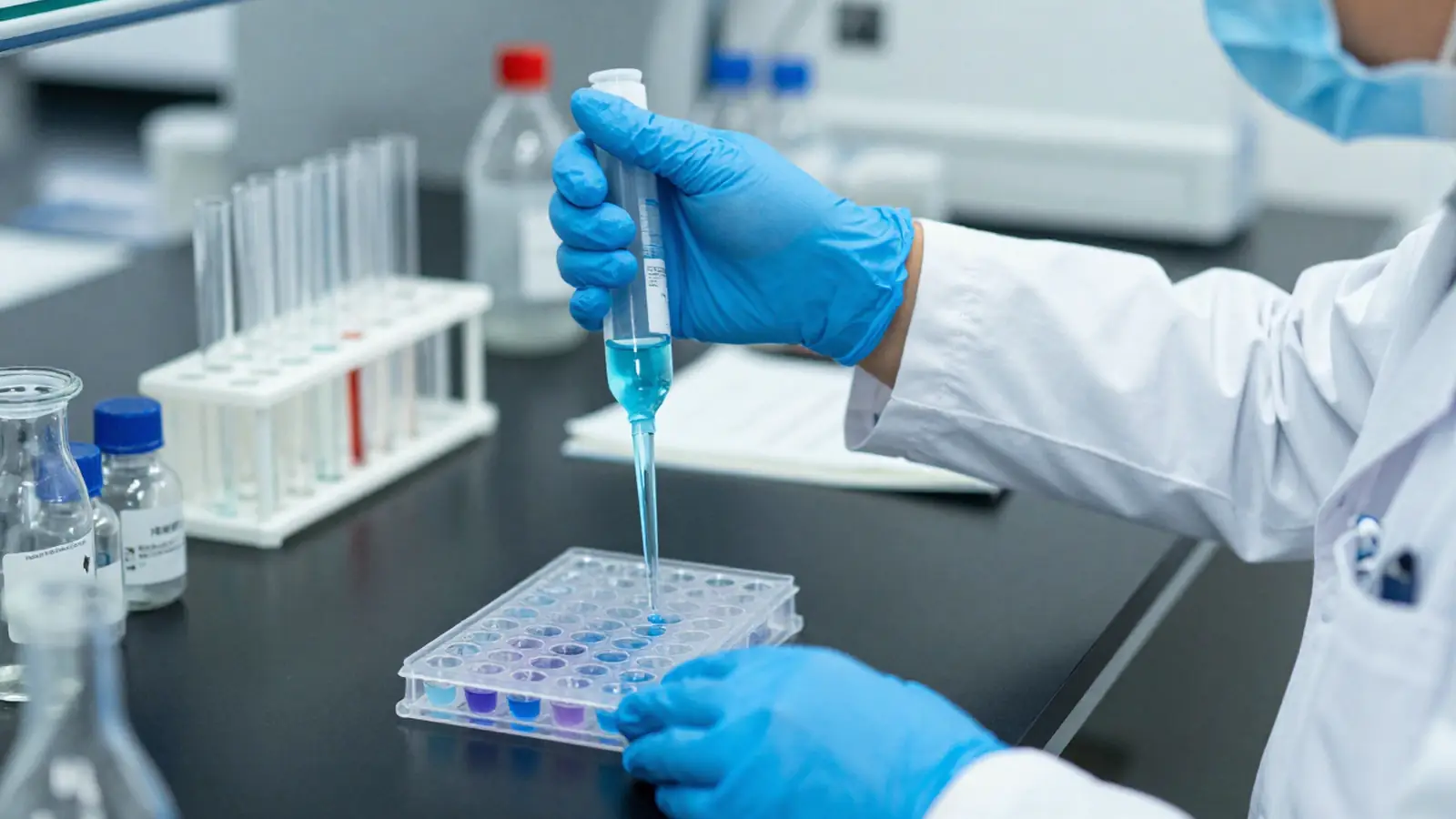Científica pipeteando líquido azul en una placa de laboratorio con muchos pocillos