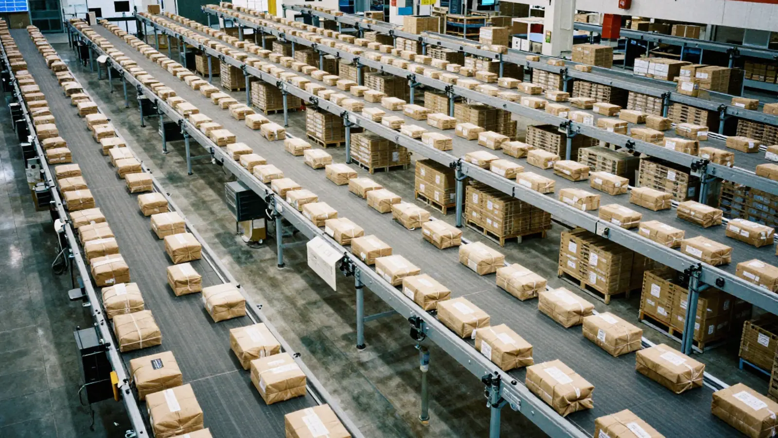 Almacén automatizado con miles de paquetes idénticos avanzando en bandas transportadoras