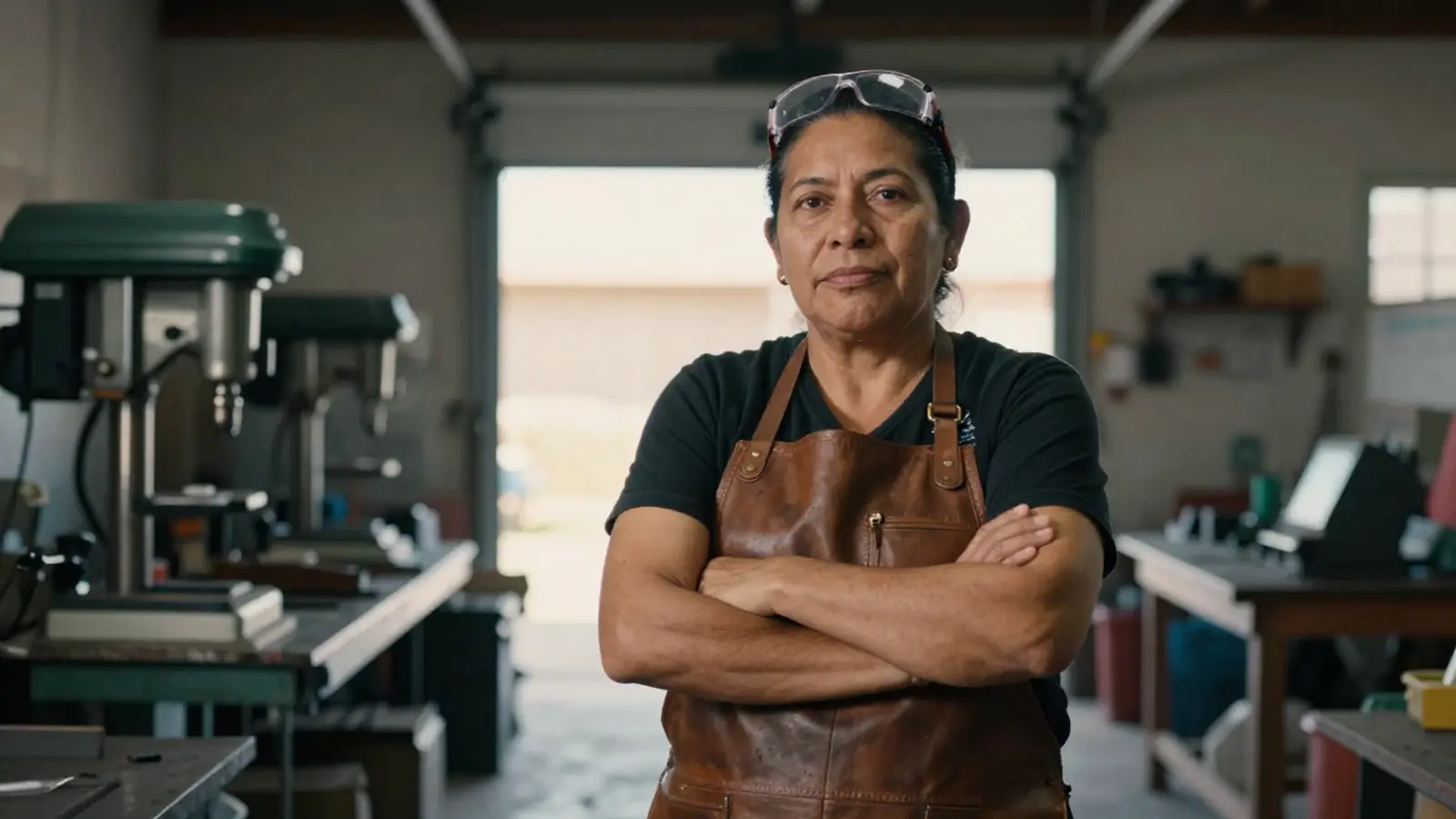 Dueña de un taller mexicano de fabricación metálica de pie con los brazos cruzados al amanecer