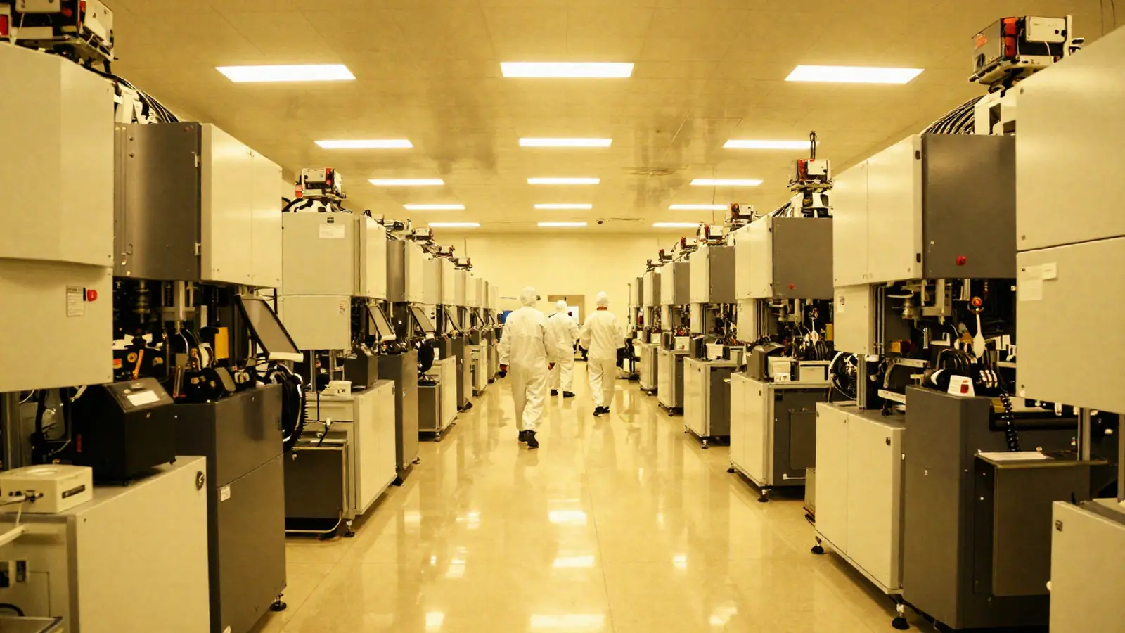 Técnicos en un cuarto limpio de semiconductores sosteniendo una oblea de silicio bajo luz amarilla