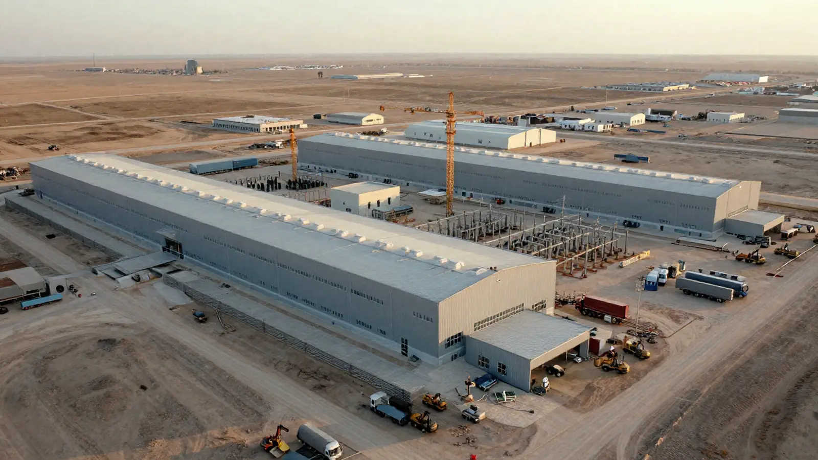 Vista aérea de un campus de centros de datos en construcción con grúas y una subestación eléctrica