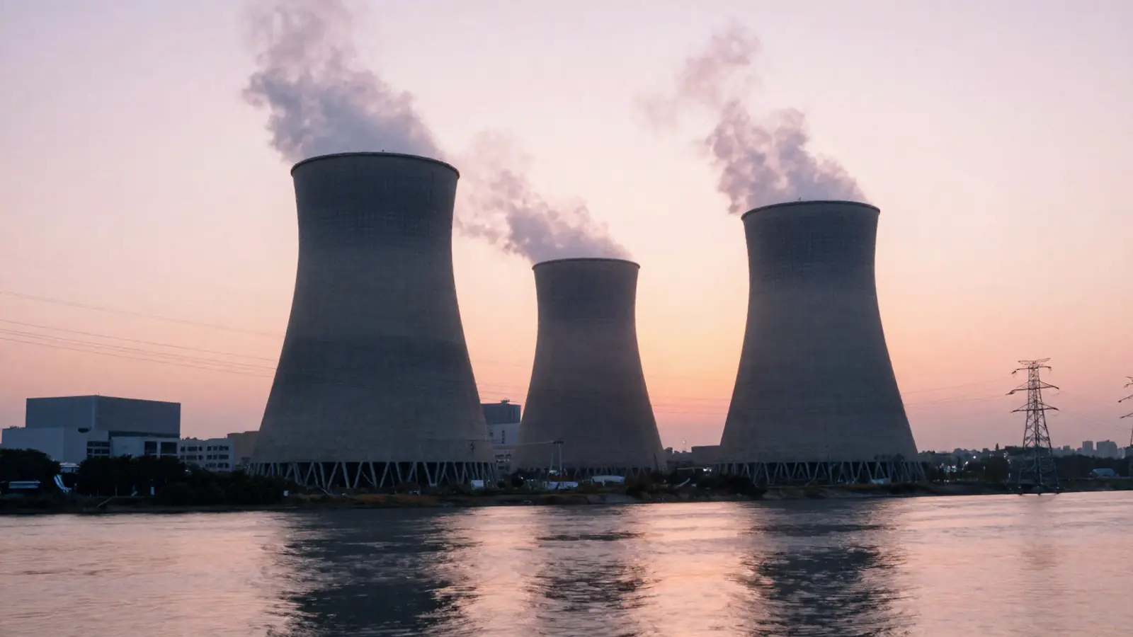 Torres de enfriamiento de una central nuclear junto a un río al amanecer, con líneas de alta tensión