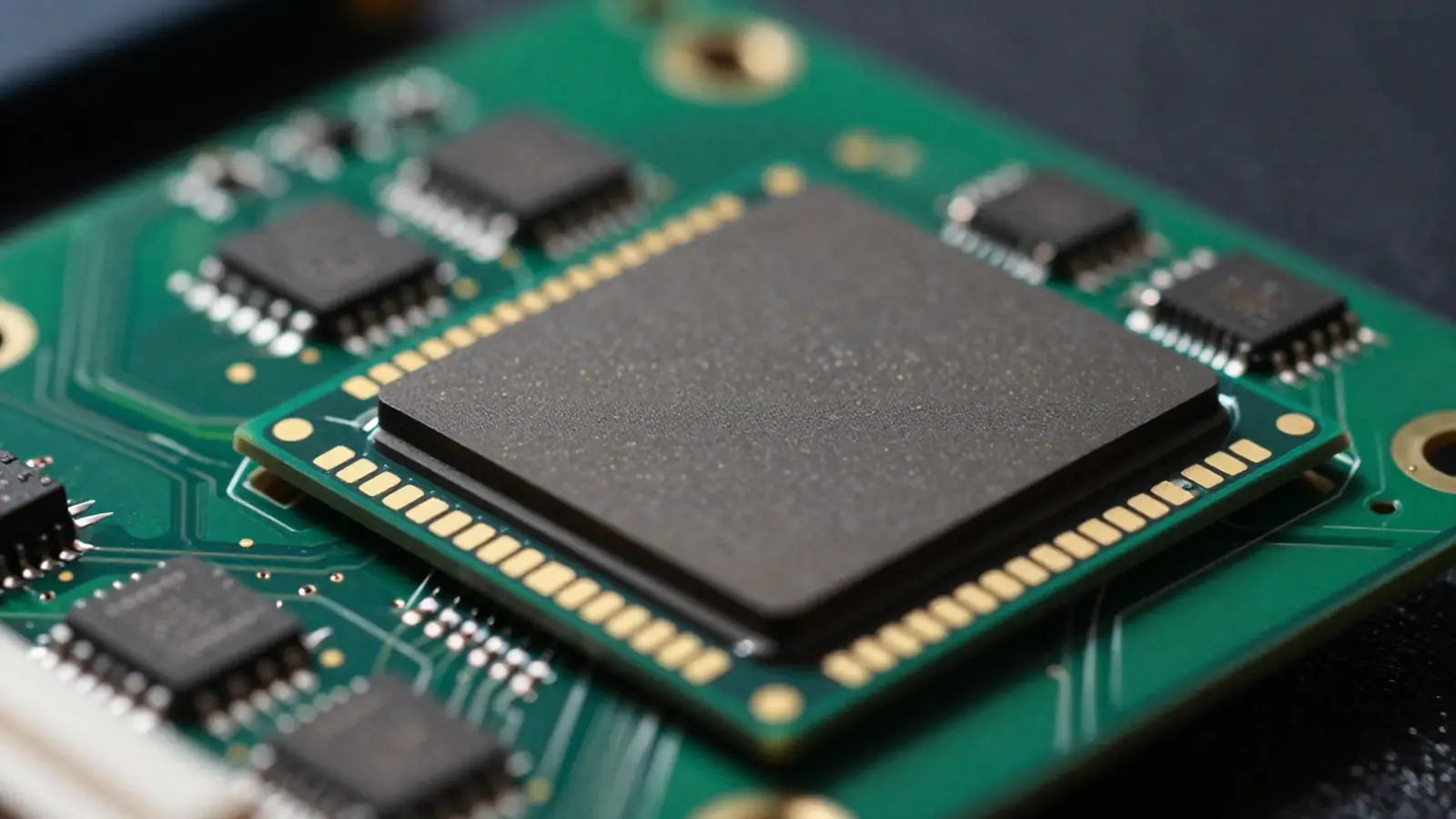 Macrofotografía de un procesador de IA rodeado de chips de memoria apilada