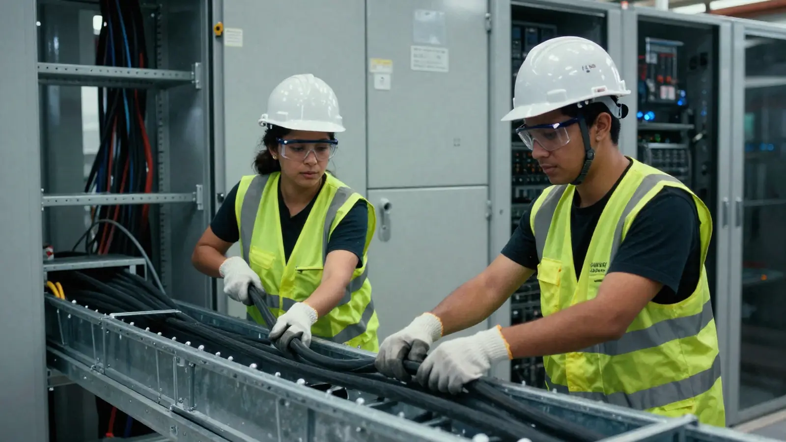Dos electricistas jóvenes tendiendo cables de potencia en la sala eléctrica de un centro de datos