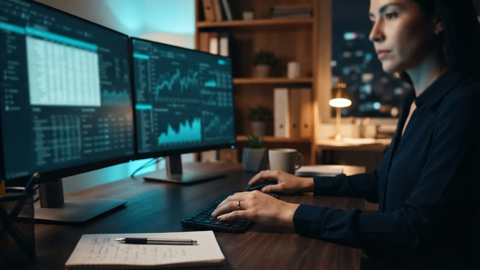 Mujer tecleando frente a monitores con gráficas financieras y libreta · Tesorería corporativa con IA: forecast de cash flow automatizado