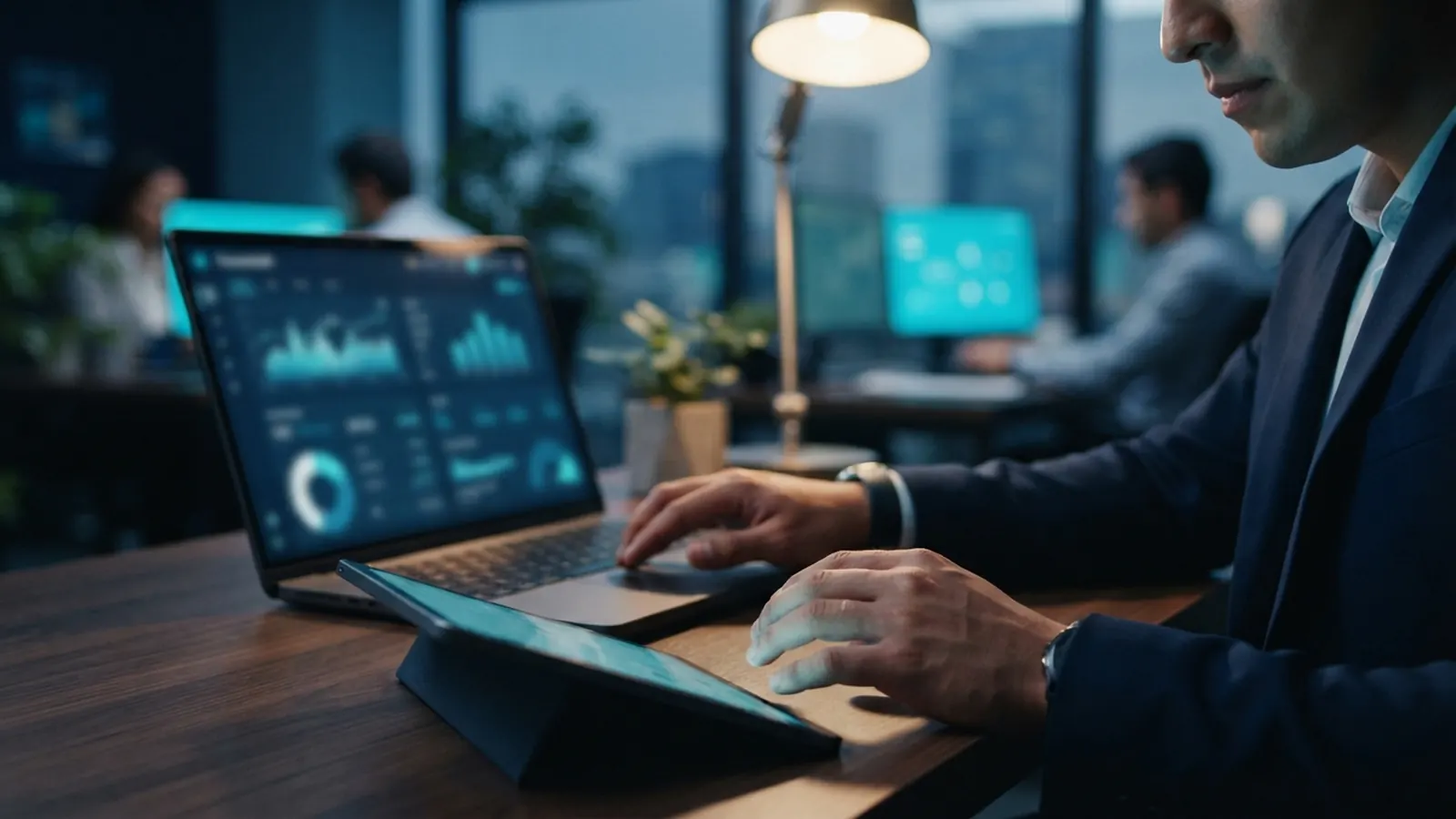 Manos sobre laptop y tableta con tableros de datos · Ciberseguridad legal: incidentes y responsabilidad civil con IA