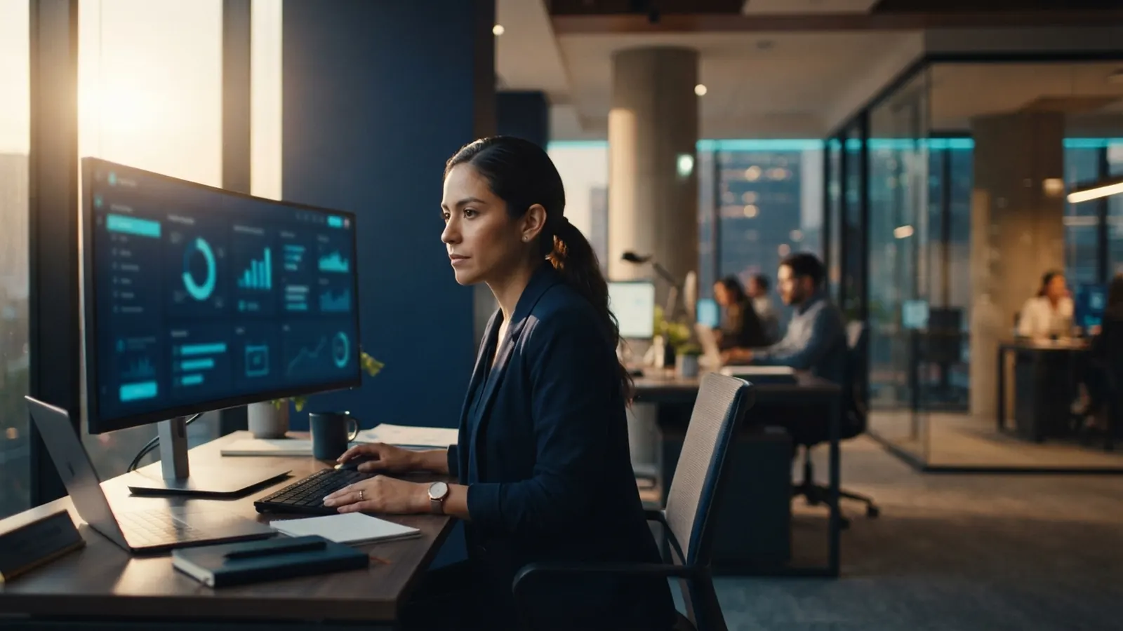 Mujer trabajando en monitor con tablero en oficina abierta al anochecer · Coca-Cola y la IA: Estrategia de Marketing Post-Precios en 2026