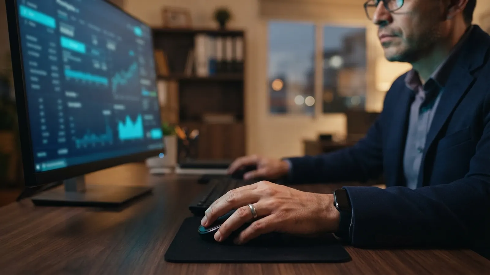Mano en el mouse frente a monitor con tablero de datos, luz nocturna cálida · IA para la Industria de la Construcción en México 2026: Planeación, Seguridad y Gestión de Obra