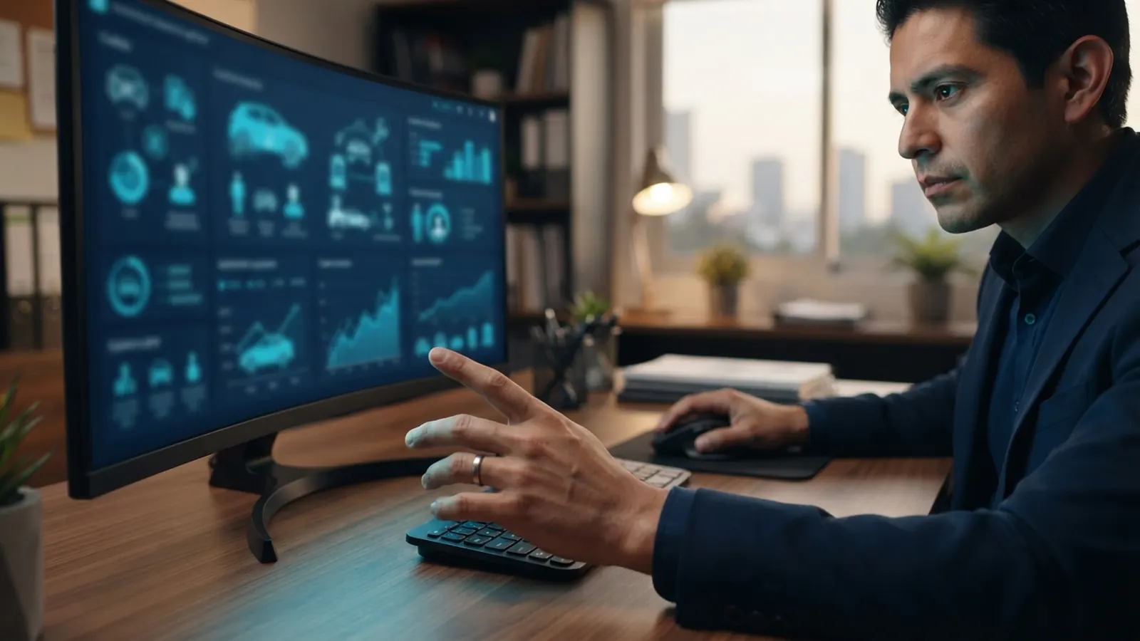 Hombre señalando monitor curvo con tablero de flotilla vehicular · IA para la Industria de la Construcción en México 2026: Planeación, Seguridad y Gestión de Obra