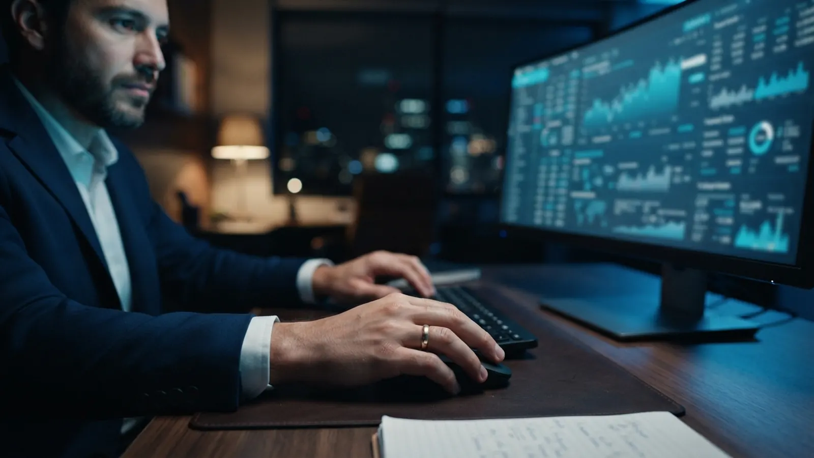 Manos en teclado y mouse frente a tablero financiero, de noche · Contabilidad SAT con IA: cómo automatizar conciliación bancaria 2026