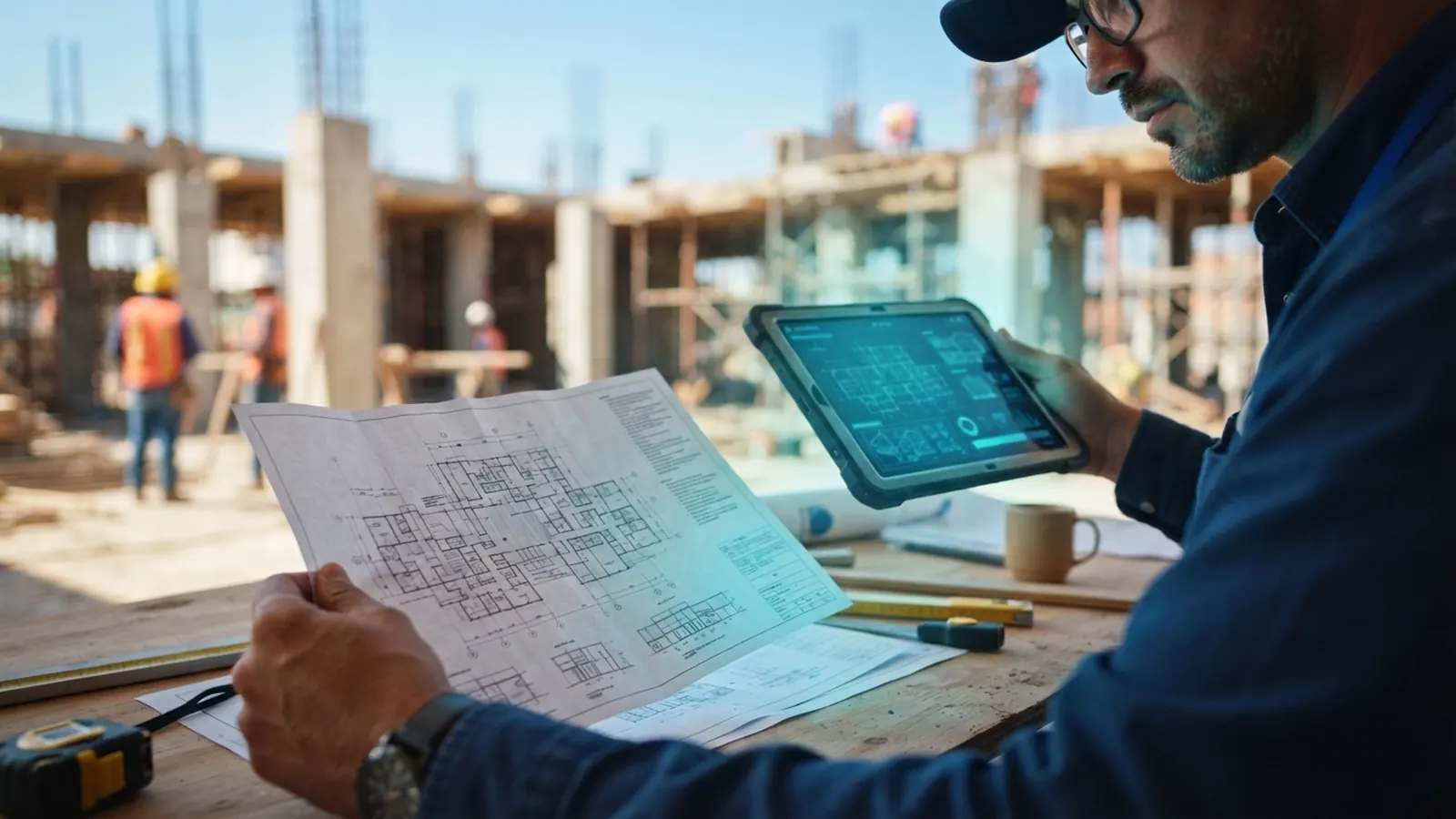 Supervisor comparando plano impreso con tableta en obra · Apps para Inmobiliarias y Bienes Raíces en México: CRM, Tours Virtuales y Más