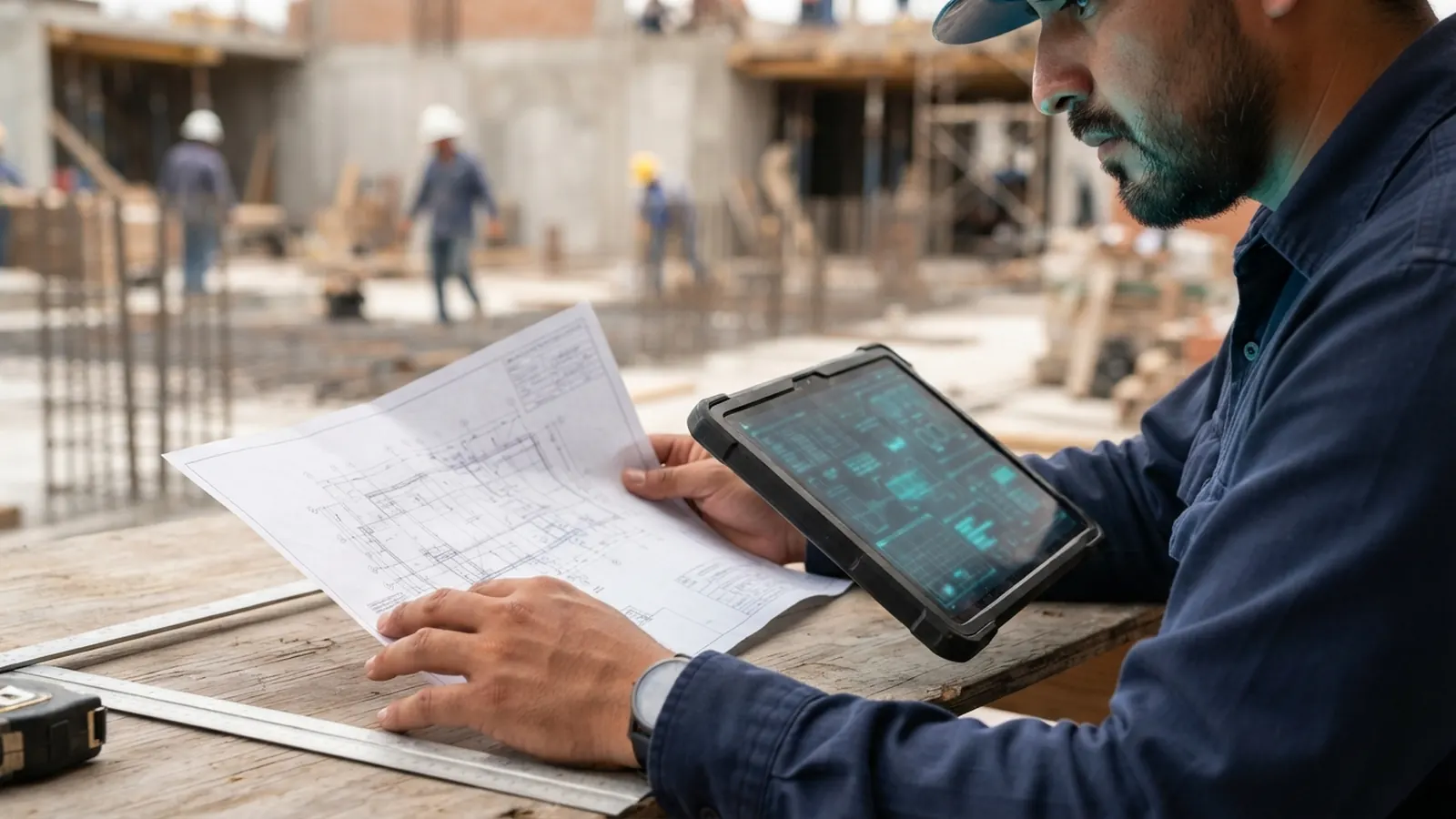 El proceso: una persona trabajando en su computadora · Construcción residencial: IA en planos, presupuestos y supervisión obra