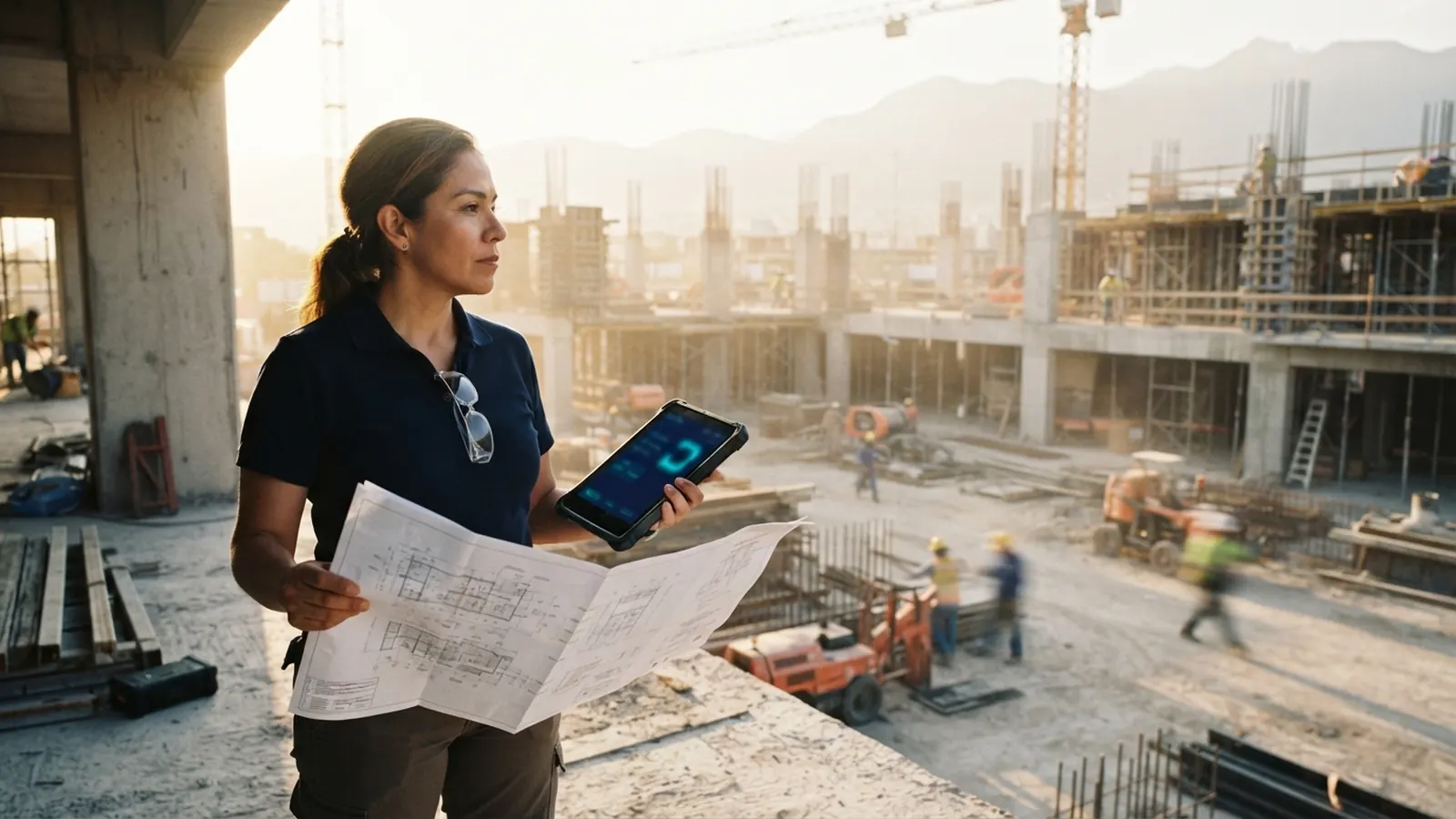 Supervisora con plano y tableta frente a obra grande con grúas y cerros · IA en el Mercado Inmobiliario y PropTech en México 2026