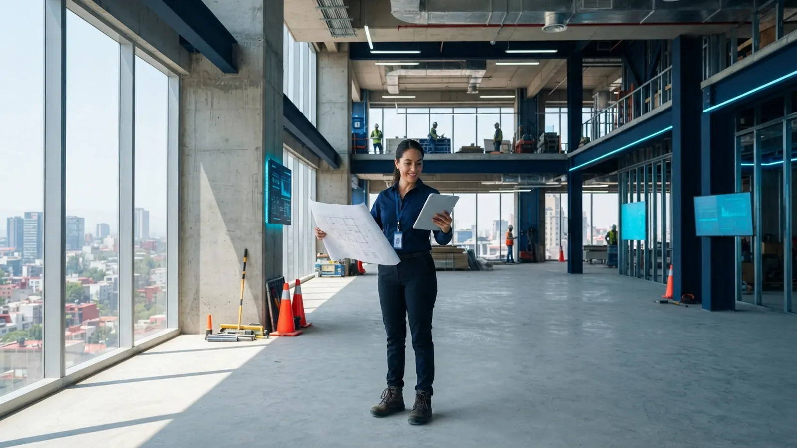 Arquitecta sonriente con plano y tableta en edificio en acabados · IA Condominios: Gestión Inmobiliaria México 2026