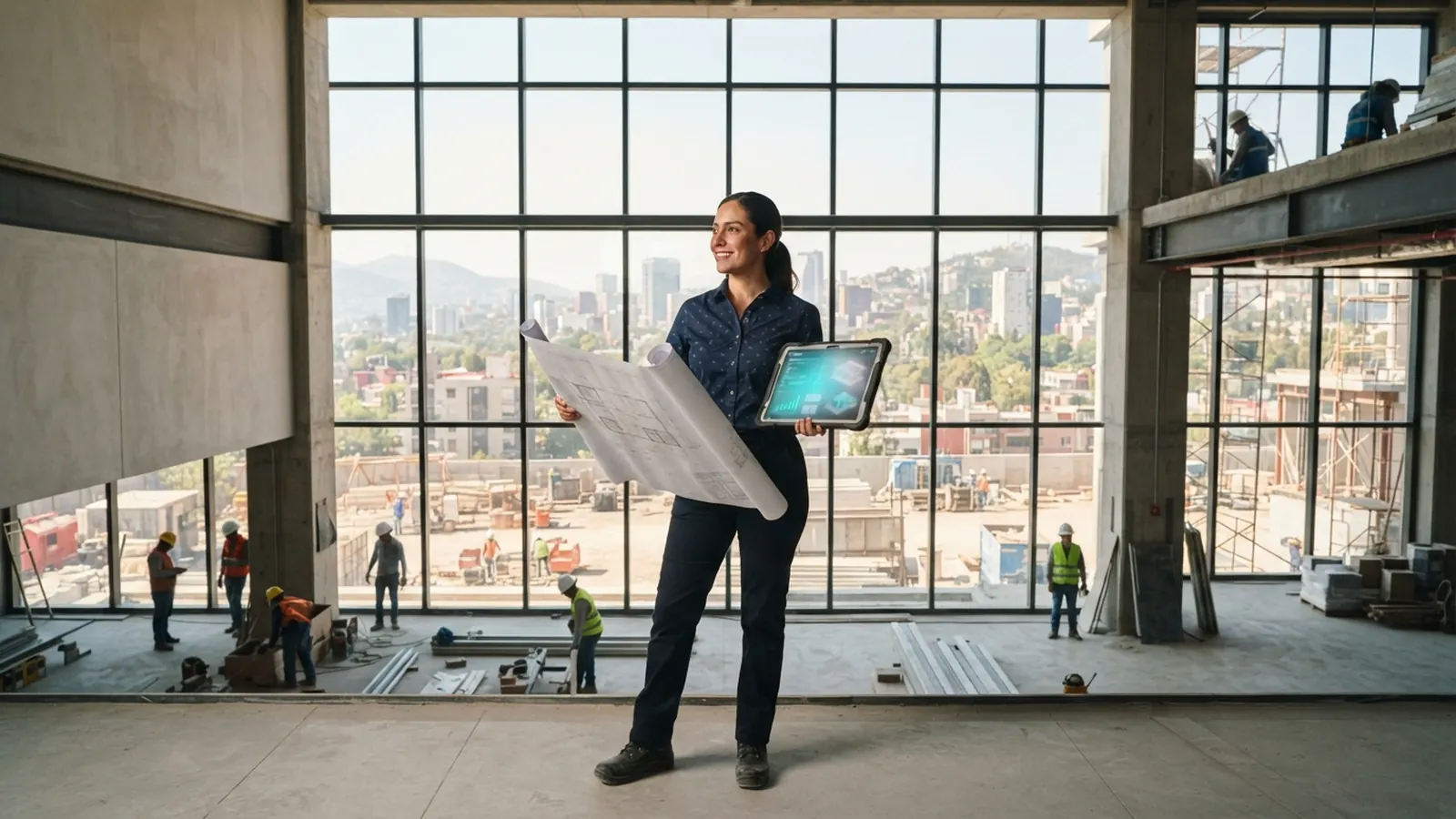 Arquitecta sonriente con plano y tableta frente a ventanal de obra con cuadrilla · IA para Inmobiliarias en México: PropTech que Vende Más en 2026