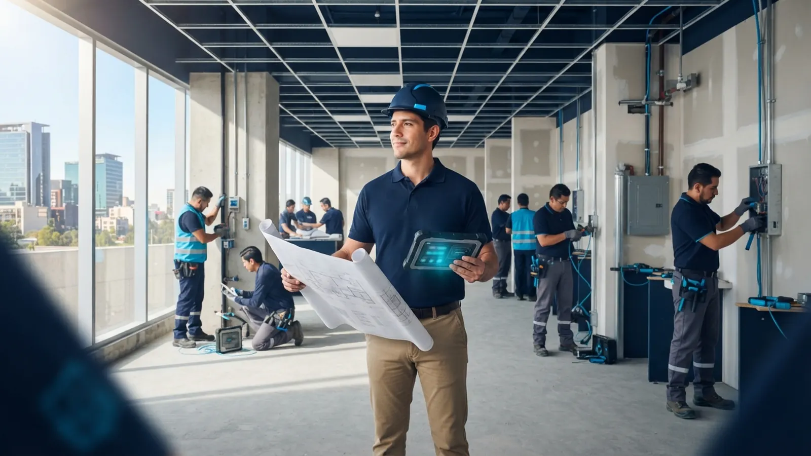 Supervisor con plano y tableta, electricistas trabajando en obra interior · IA para Arquitectos e Ingenieros Civiles en México 2026