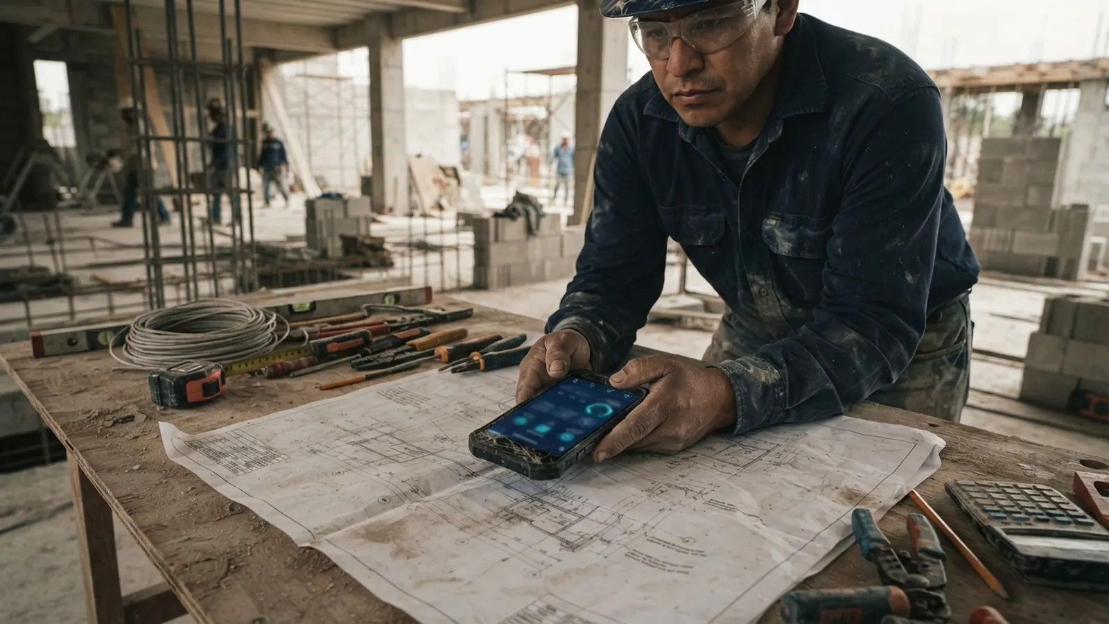 Maestro de obra consultando celular sobre plano con herramientas · IA Condominios: Gestión Inmobiliaria México 2026