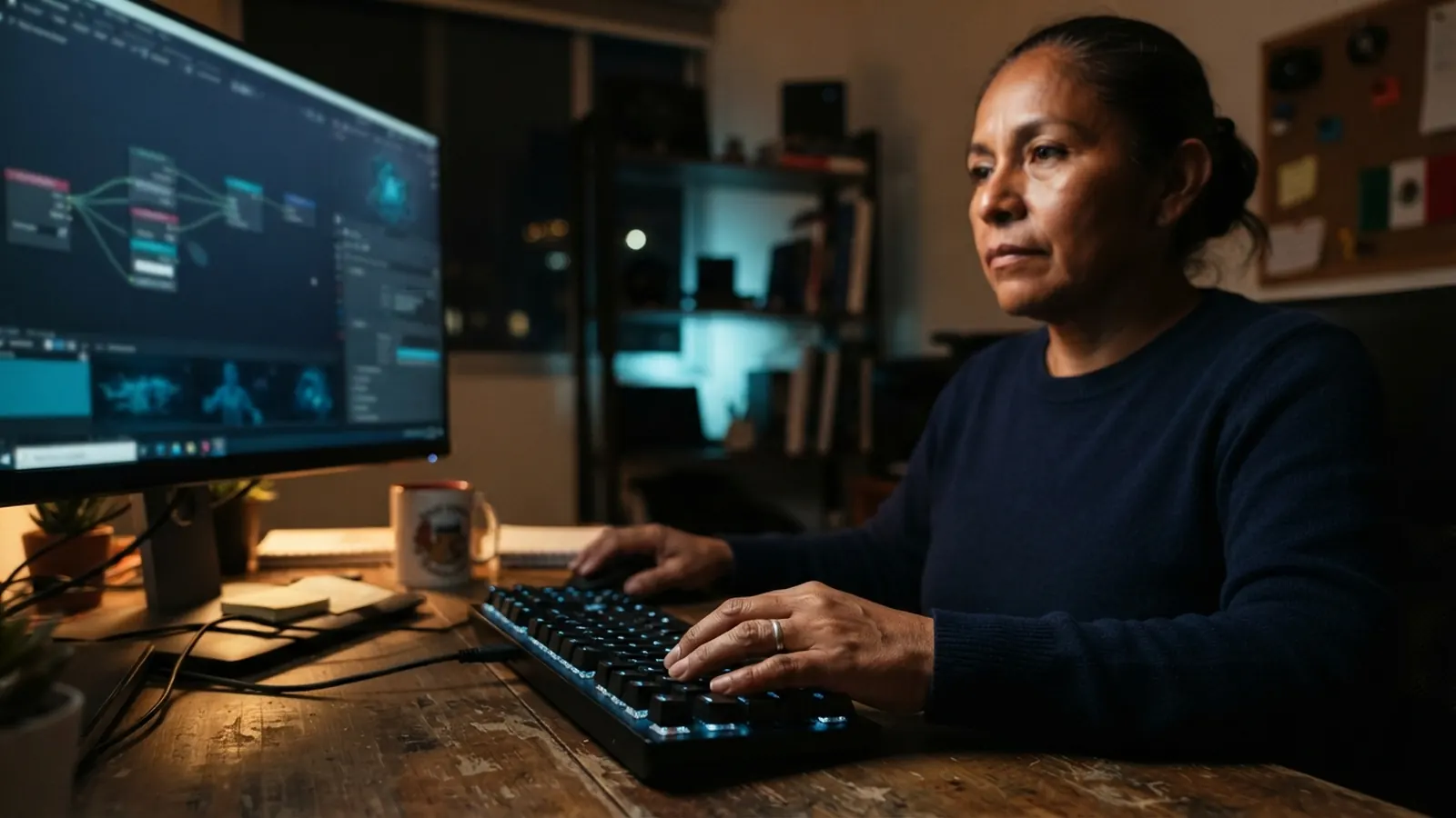 El proceso: una persona trabajando en su computadora · Presearch 'Doppelgänger': IA y Búsqueda Visual Ética en Contenido