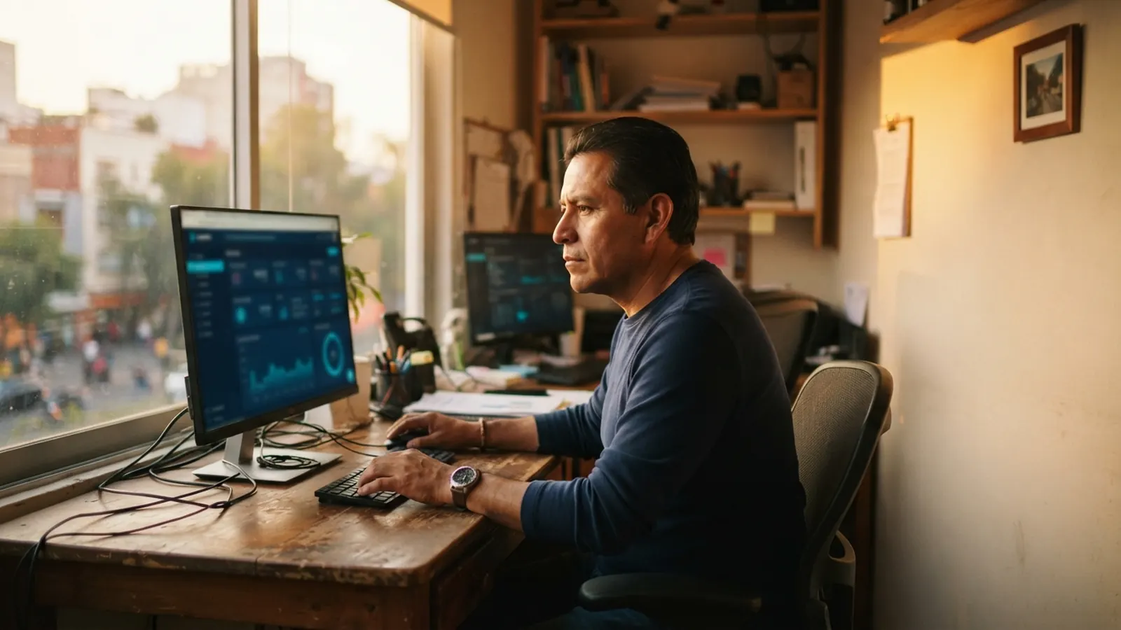 Hombre trabajando en su monitor junto a ventana con calle mexicana al atardecer · Agentes de IA en Empresas: ¿Productividad Real o Teatro?