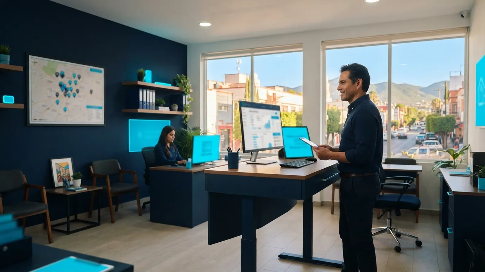Oficina inmobiliaria con mapa de ubicaciones y agente con tableta · IA en el Desarrollo Inmobiliario y Vivienda Nueva en México: Análisis de Mercado, Diseño Paramétrico y Ventas Inteligentes 2026
