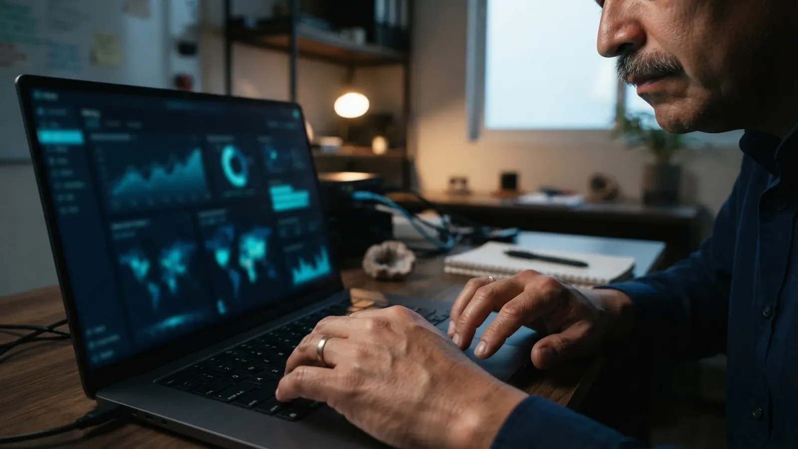 Plano cerrado de manos tecleando en laptop con tablero de datos · IA para la Industria Minera en México 2026: Exploración Geológica, Operaciones, Seguridad y Sostenibilidad con Inteligencia Artificial