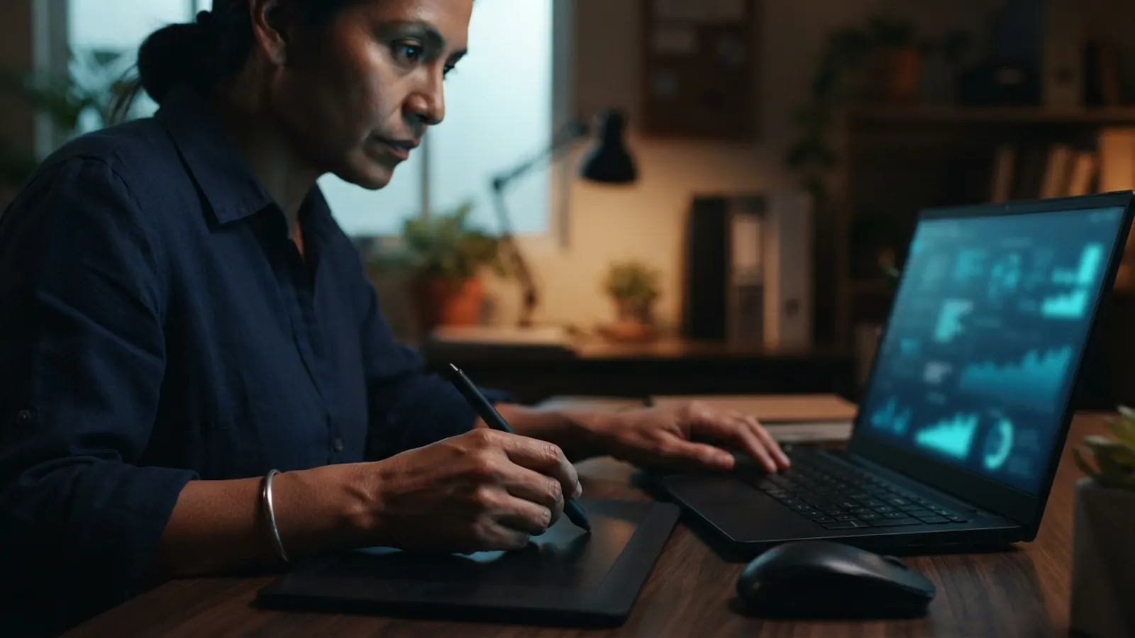 Manos de mujer con lápiz sobre tableta digital junto a laptop con gráficas · n8n para Marketing Digital: Automatiza Campañas, Leads y Reportes