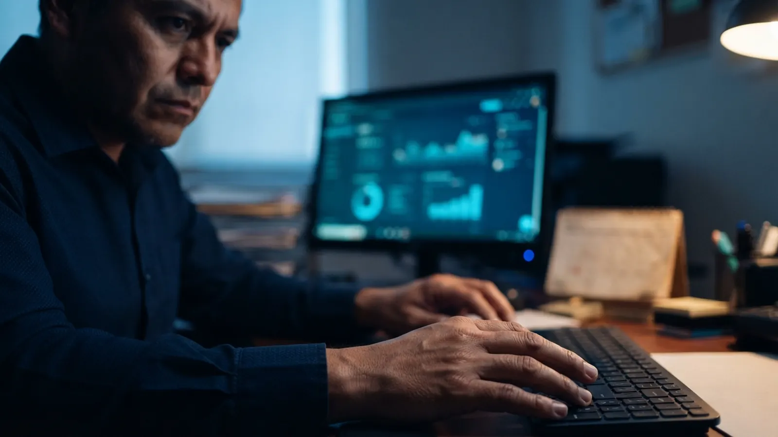 El proceso: una persona trabajando en su computadora · IA en CRM, ERP y Sistemas Legacy: Guía Integración