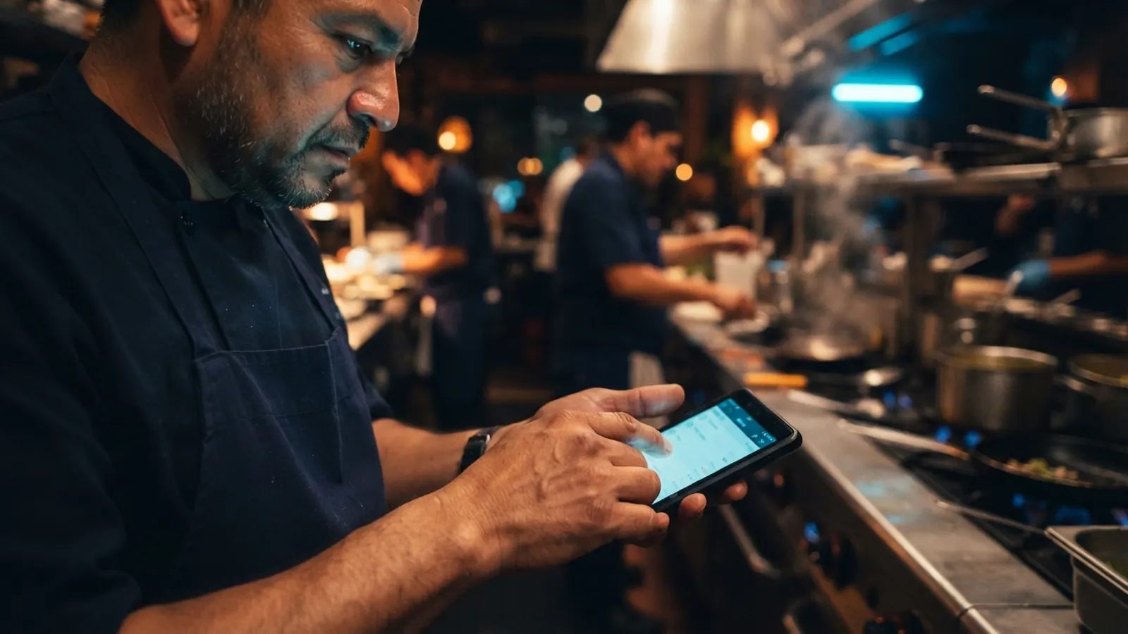 Cocinero consultando celular en cocina en servicio · Agencia de IA para Restaurantes y Negocios de Alimentos en México