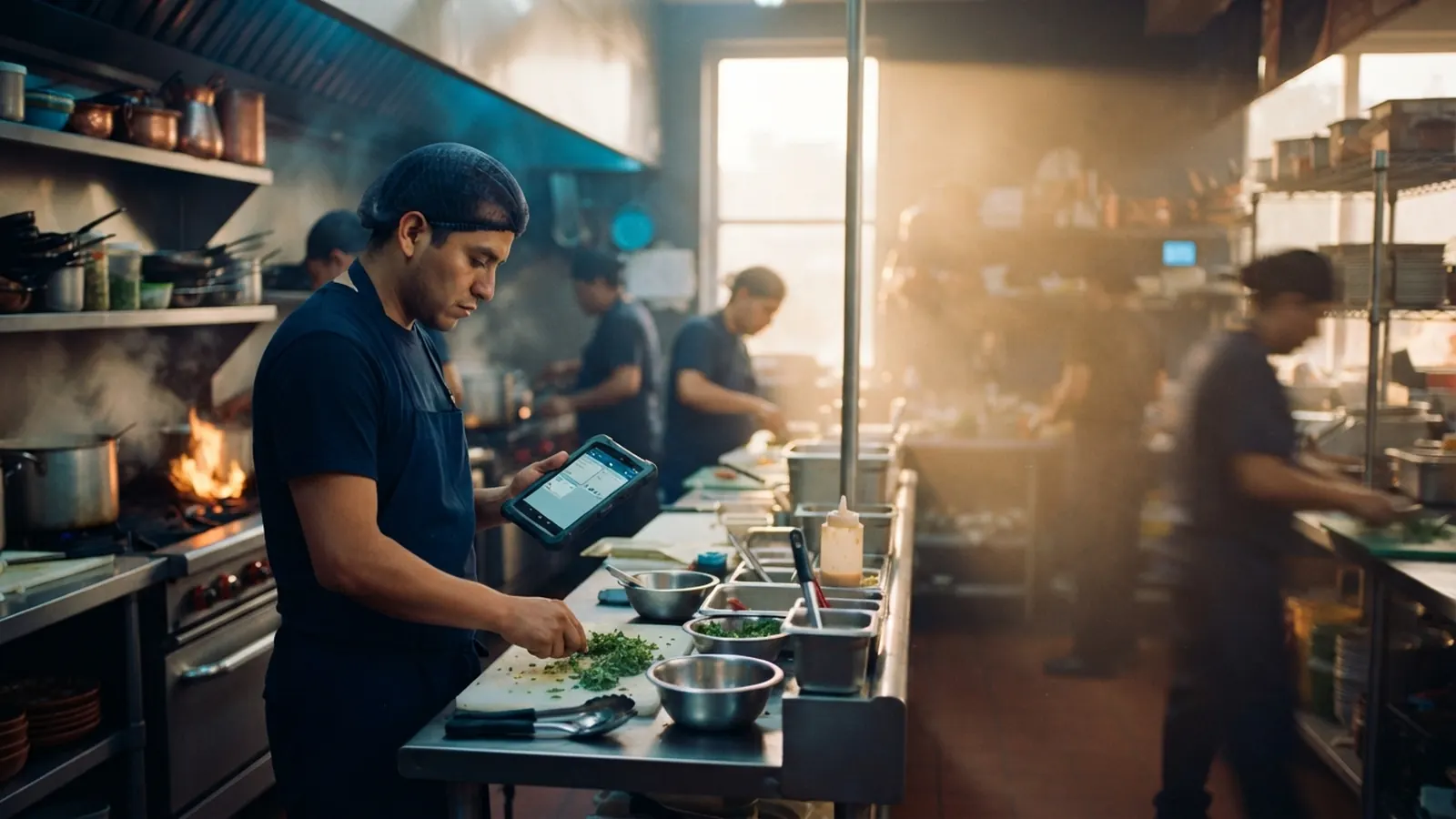 Cocinero picando y consultando tablet en cocina con luz cálida · IA Turismo México: Hoteles y Restaurantes 2026
