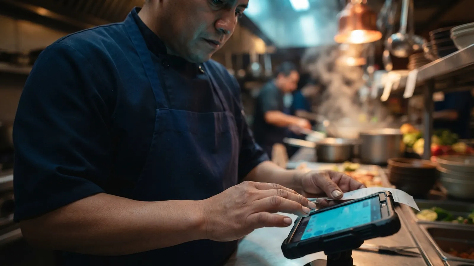 Manos de cocinero usando terminal/tablet con comanda · IA Restaurantes México 2026: Gastronomía Inteligente