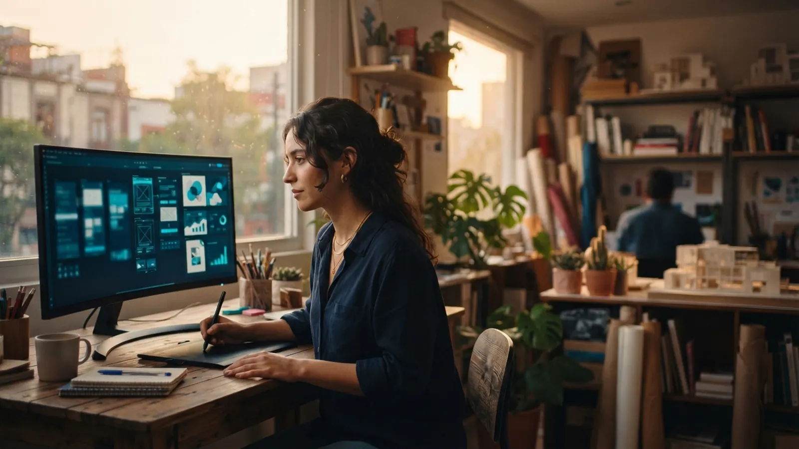 Diseñadora en estudio cálido con maquetas y plantas · Email Marketing IA: Segmentación Inteligente Automatizada